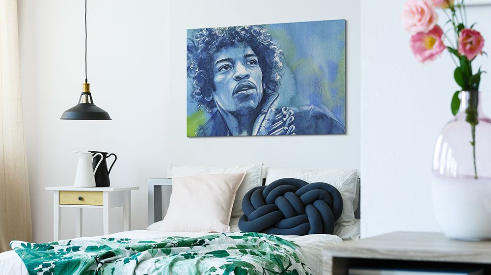 Jimi Hendrix&nbsp;Wall Art by Kelly Eddington printed on canvas and hung in a spare bedroom