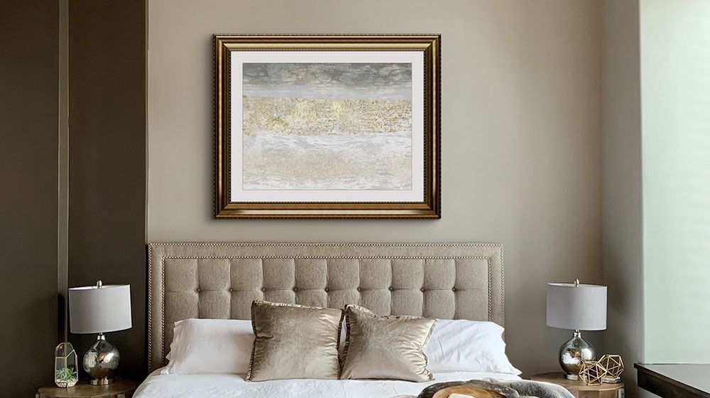 Gilded Textures II Wall Art Jennifer Goldberger printed on canvas and hung above a bed
