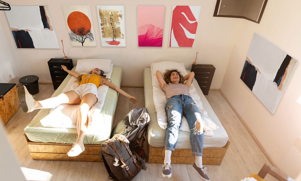 Minimalistic artwork printed on a canvas print hung around a college dorm room while students relax