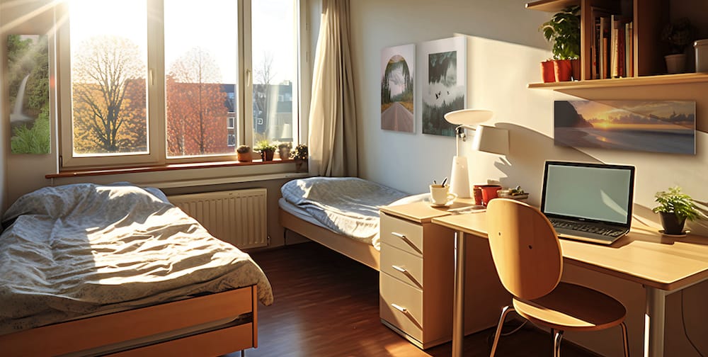 dorm room with sunlight filtering through an open window onto wall art decor