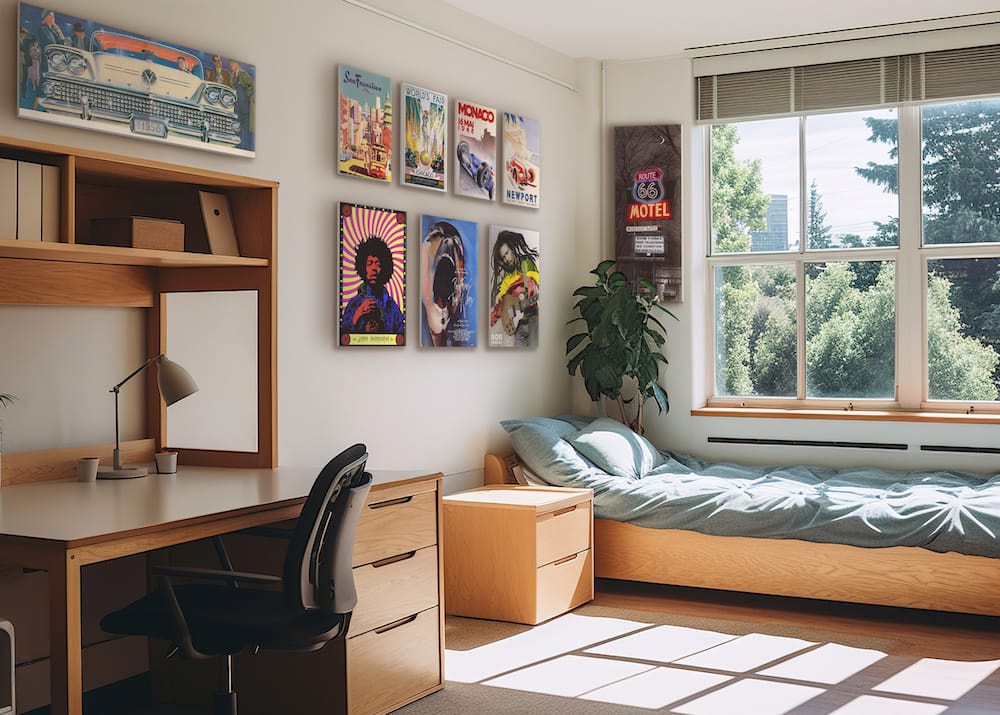 Multiple canvas from our 'Vintage Art' and 'Musicians' collections in a college dorm room.