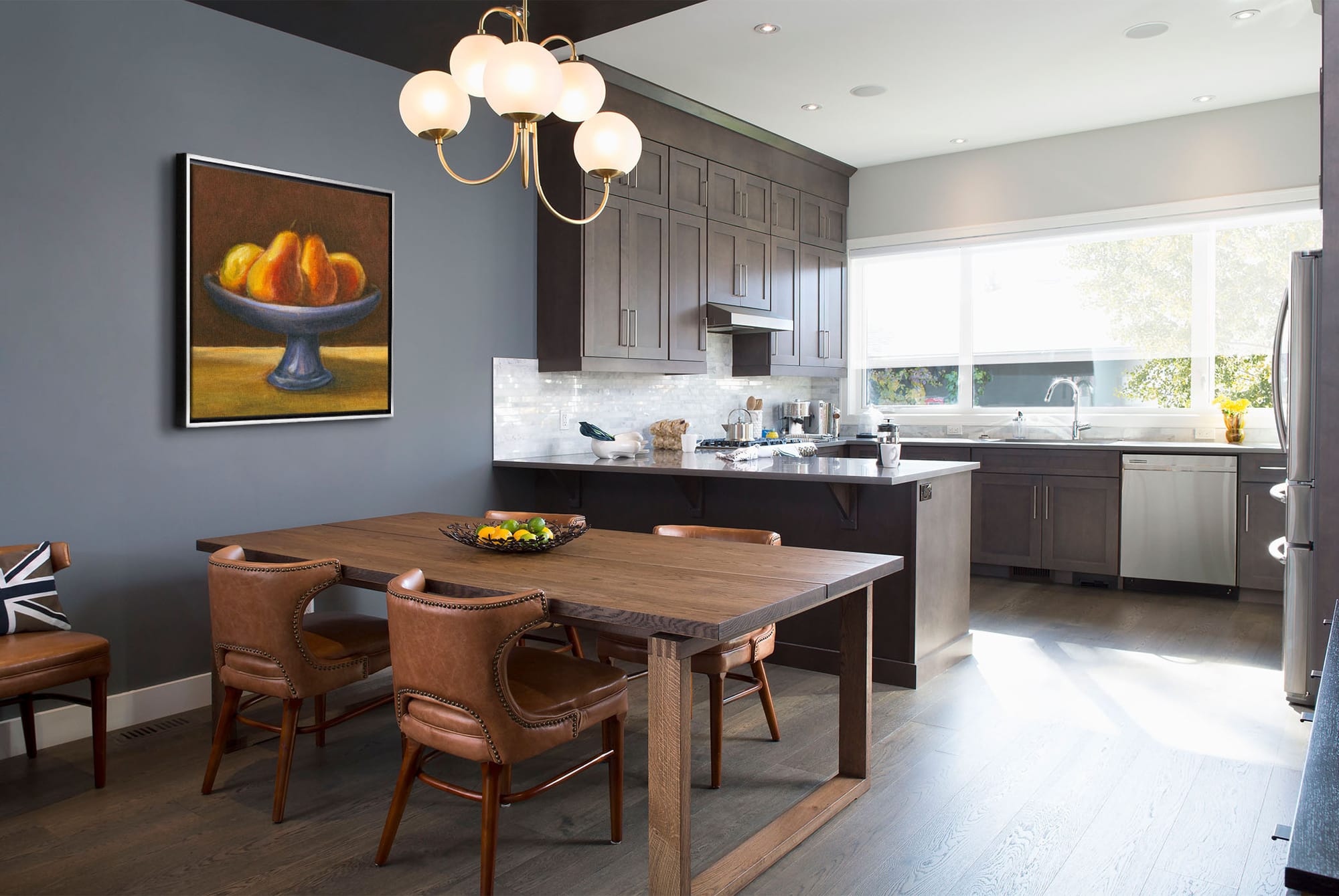 Contemporary kitchen and dining area with a mid-century modern design.