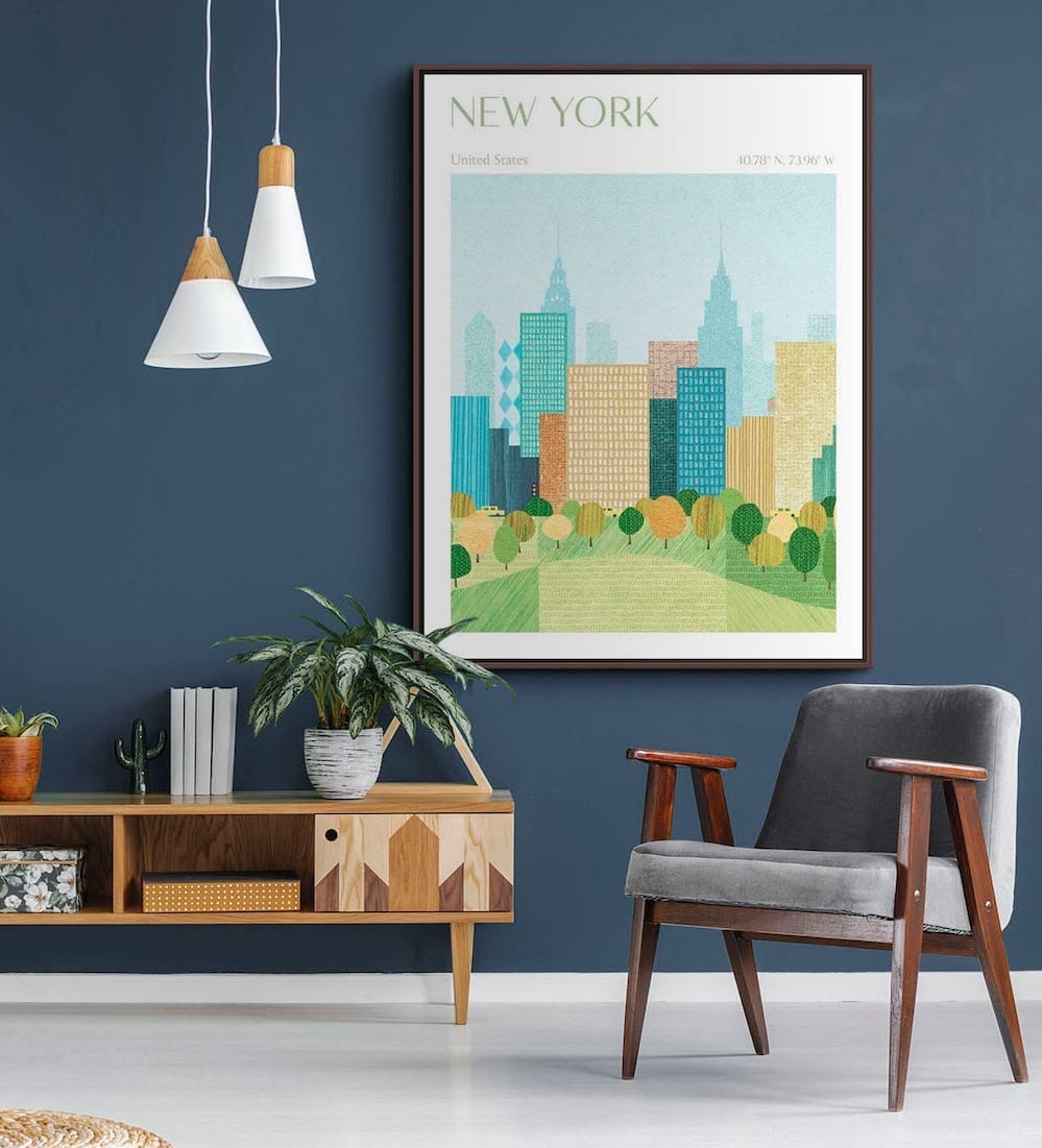 Modern Living room with an oversize New York Cityscape artwork.
