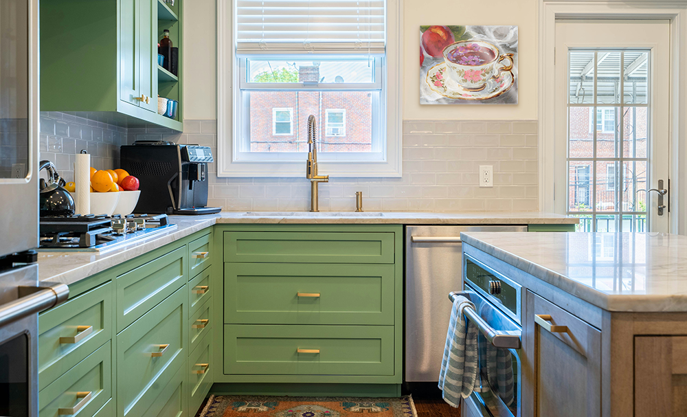 Modern kitchen with a touch of vintage featuring a metal art print.