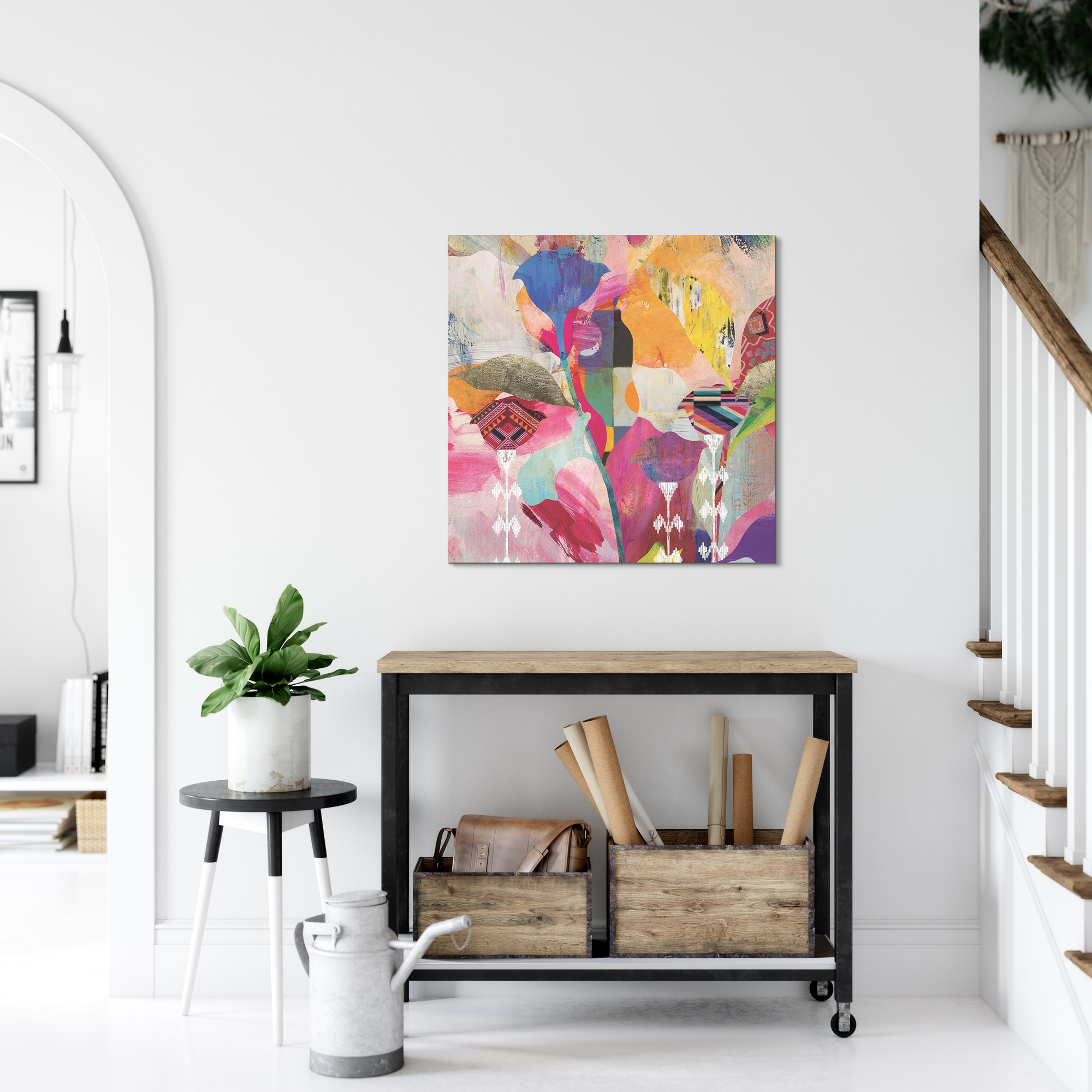 Colorful abstract wall art in a Minimalistic entryway with Scandinavian design elements