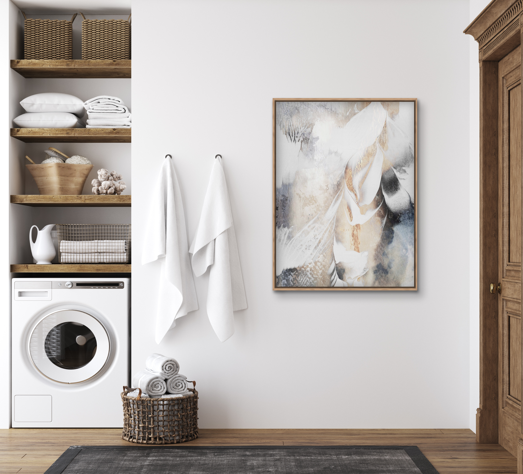 Minimalistic rustic entryway featuring a soothing abstract painting