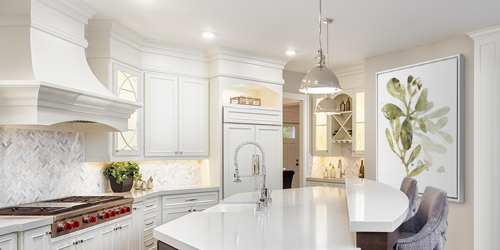 Large botanical canvas displayed in a bright, white kitchen with modern decor.