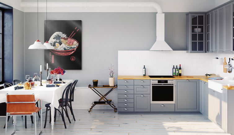 Large metal wall art featured in a contemporary kitchen with an industrial style.