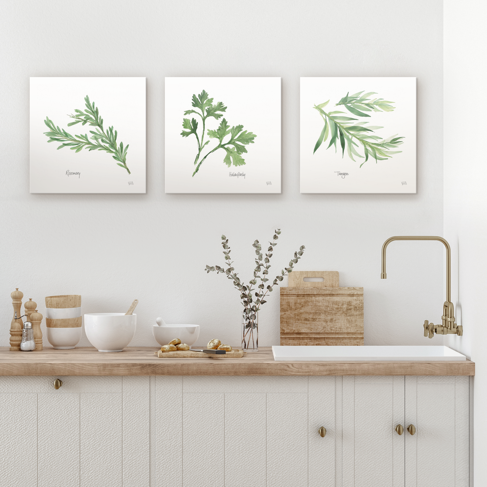 Minimalistic kitchen with rustic elements and botanical wall art