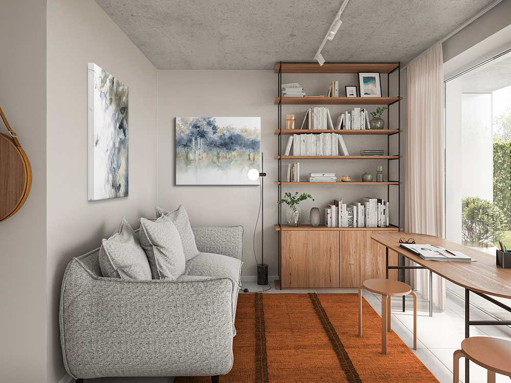 Small modern home office with a Scandinavian design featuring 2 abstract wall art.