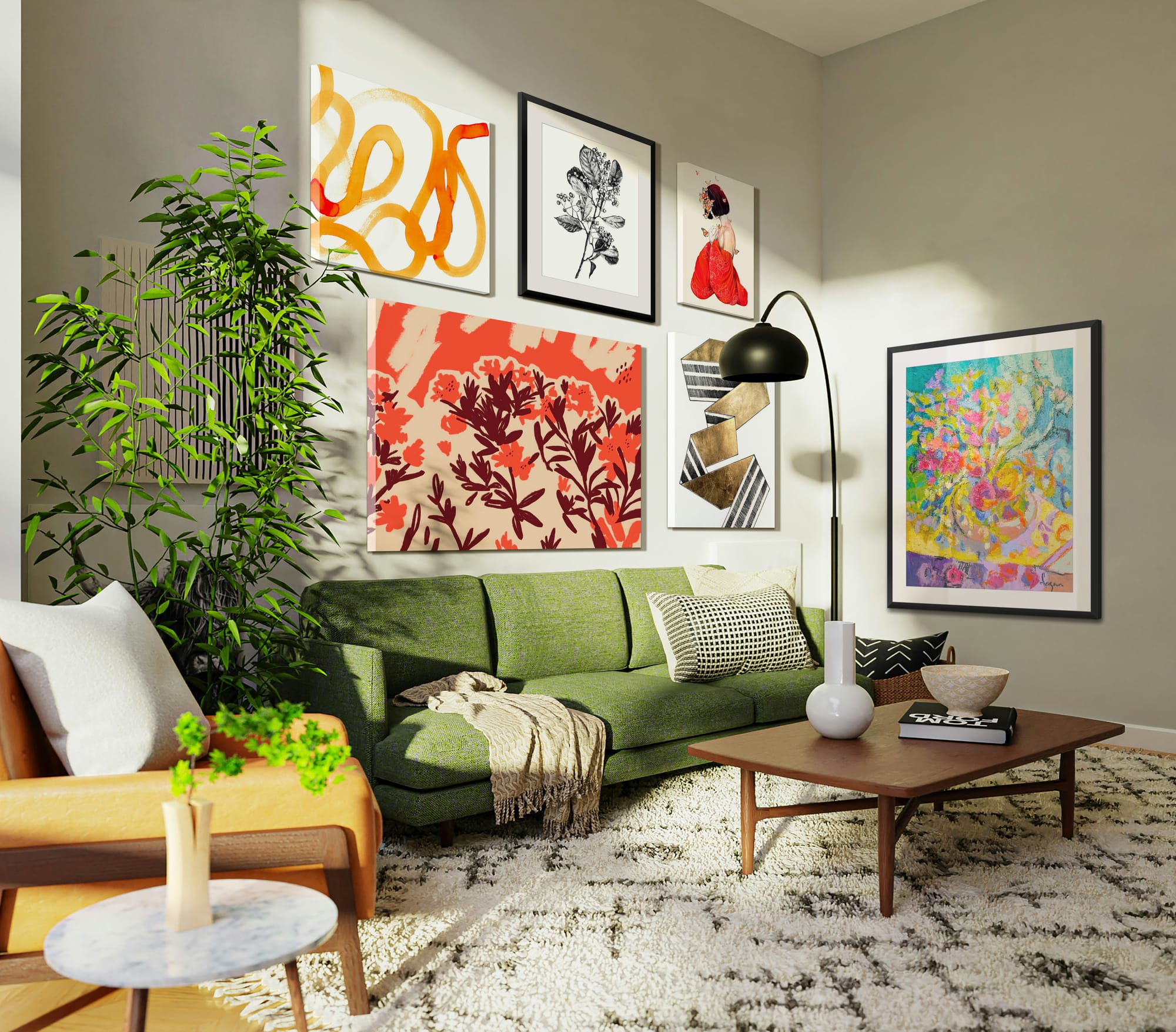 multiple artworks hung above a green mid-century styled couch