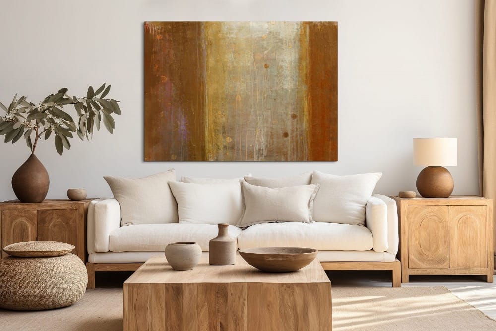 Brown abstract printed as canvas wall art hung in a minimalist living interior