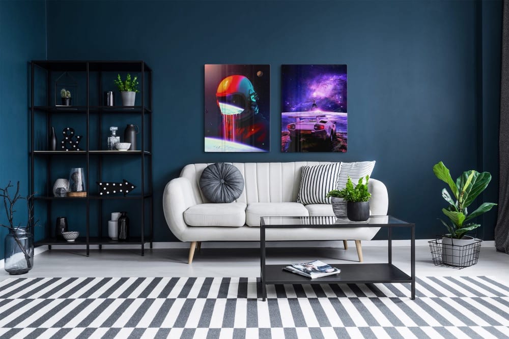 Modern living room with space-themed wall art and minimalistic decor.