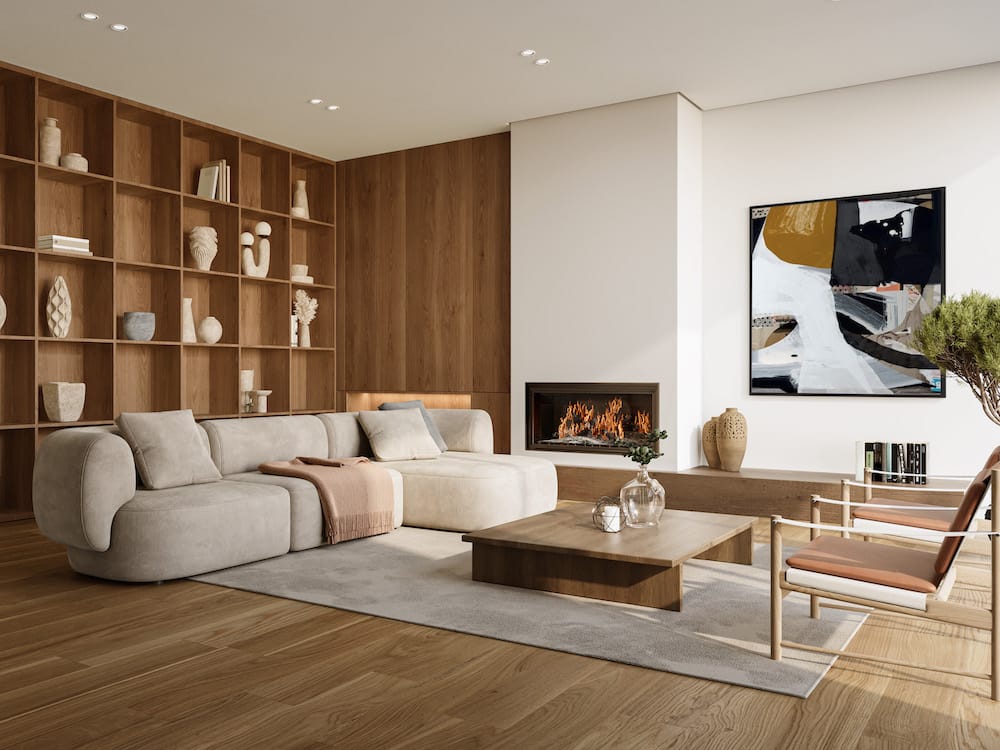 Modern open living room with a large-scale abstract wall art.