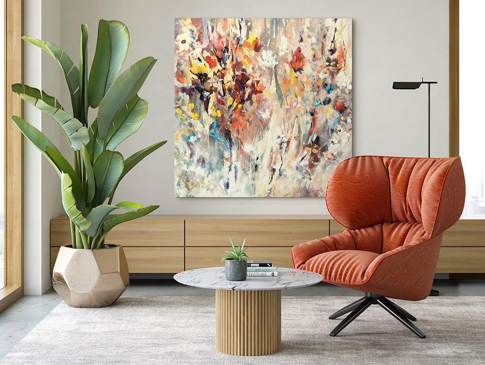 Warm floral abstract canvas art in a modern bohemian living room