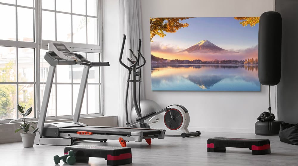 Large canvas print of a mountain on the wall in a spacious home gym