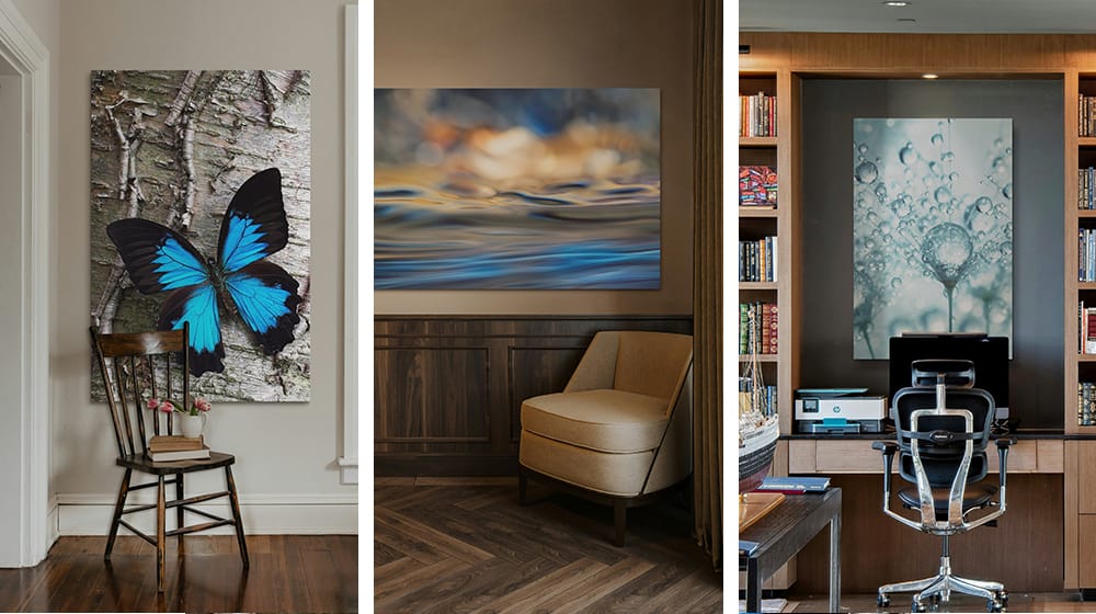 Examples of large nature wall art in home interiors including butterfly photography abstract water landscape and botanical inspired office decor