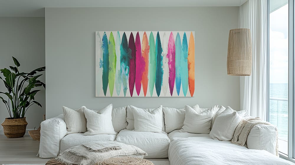Large colorful surfboard canvas wall art used as a focal point above a white sectional sofa adding contrast and visual interest to a coastal living room