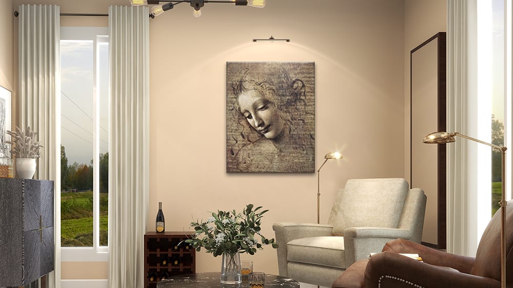 Oversized portrait canvas wall art highlighted with picture lighting to create a focal point in a neutral space