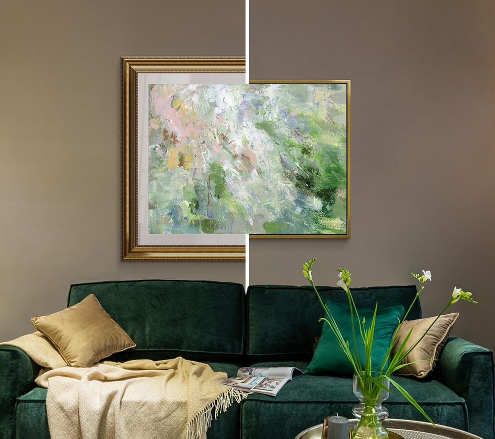 Comparison of framed print and floating framed canvas wall art styles used as a focal point in a living room