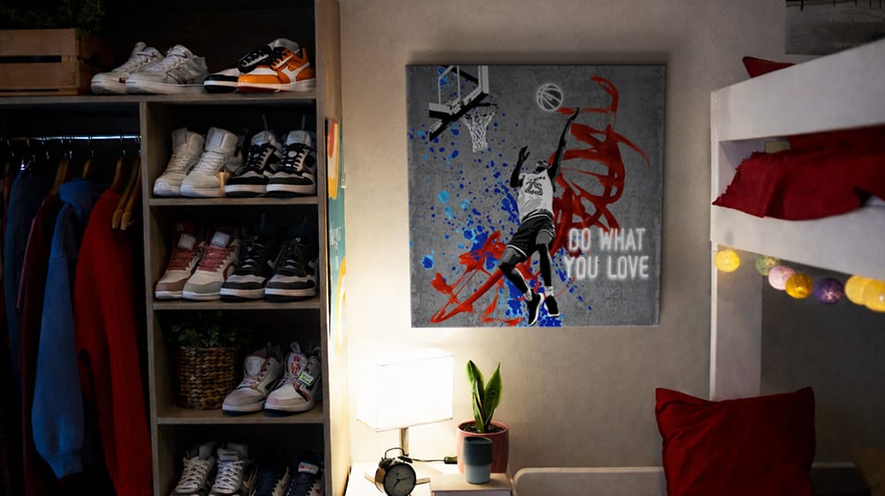 Dorm room with sneaker display and basketball wall art, showcasing how themed prints reflect personality and style your space