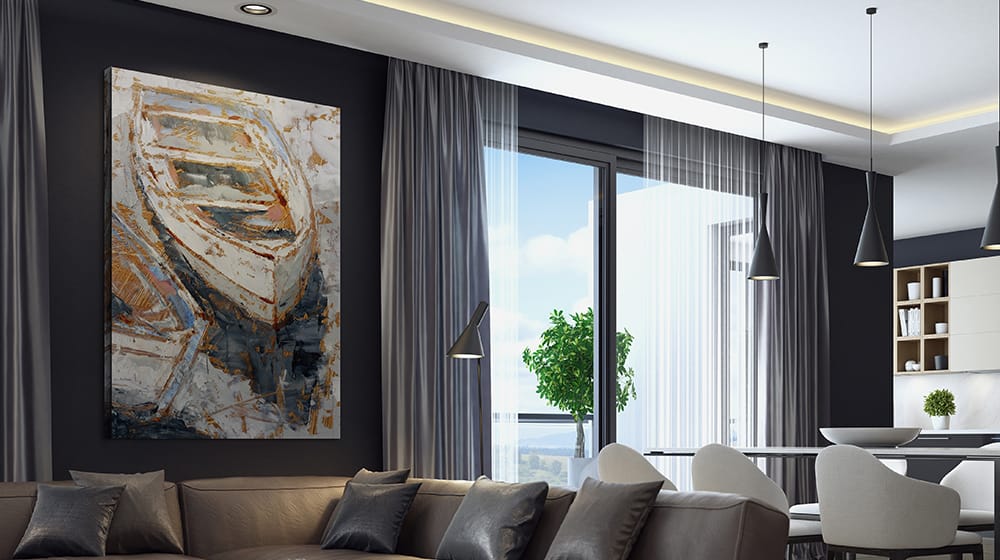 Modern abstract canvas wall art adding visual impact to a compact living and dining space