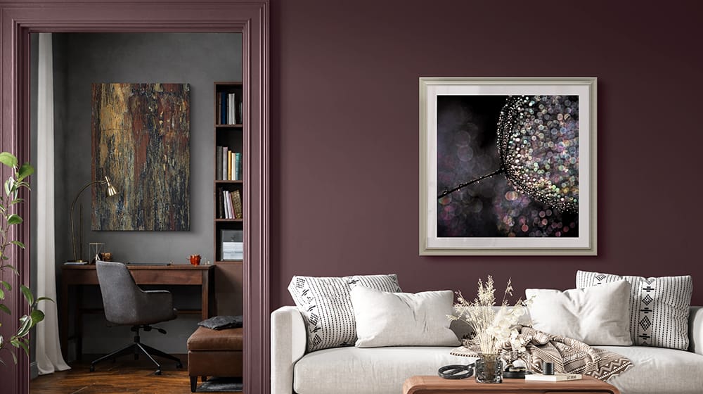 Large nature inspired wall art in a home office and living room showing how natural textures and organic imagery enhance interior spaces