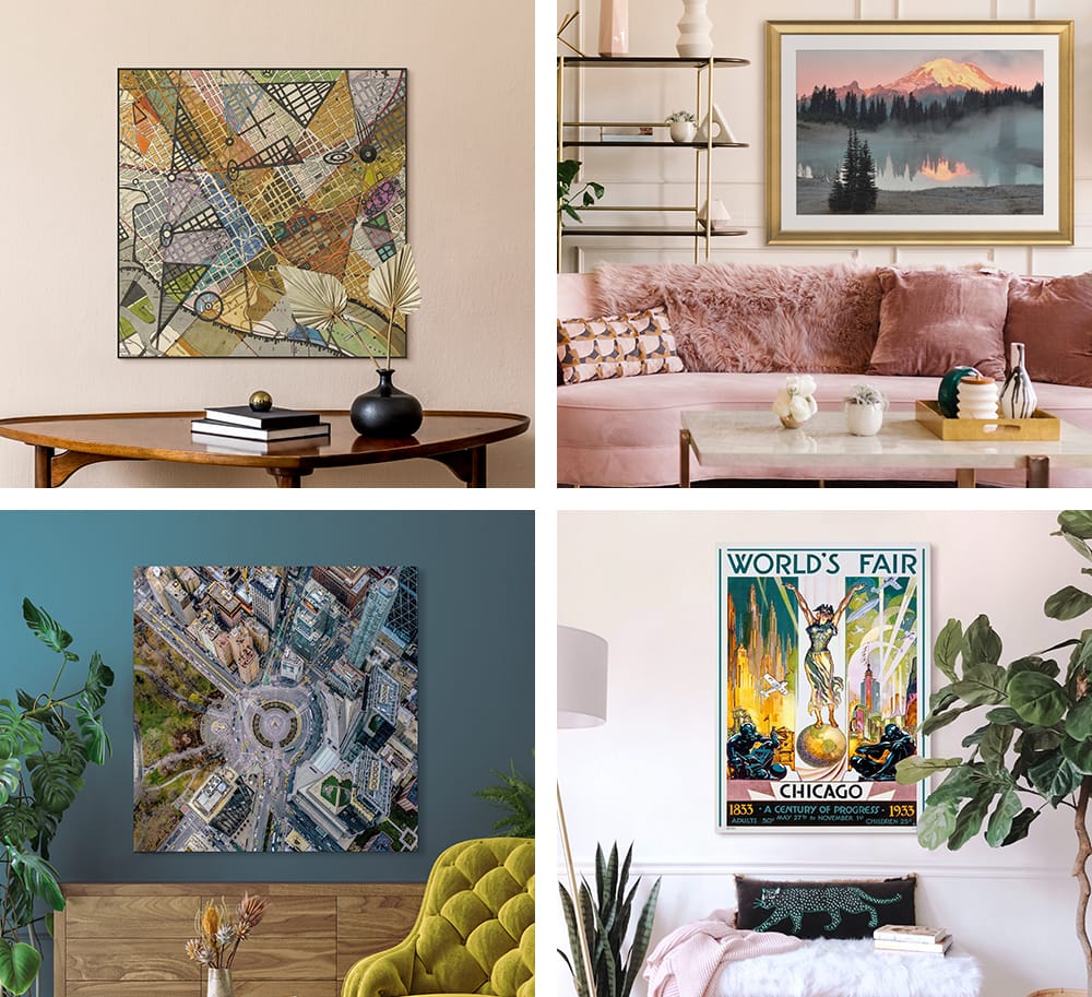 Collection of travel wall art styles including city maps, fine art photography, aerial views, and vintage travel posters displayed in modern interiors