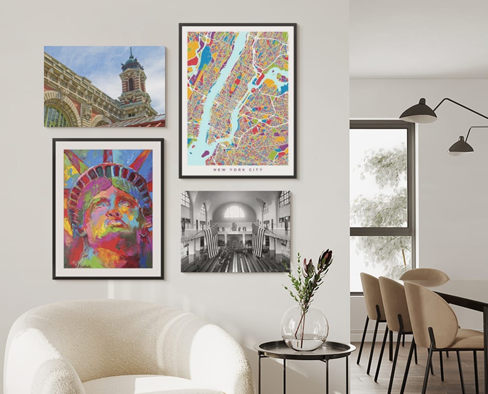 Gallery wall featuring travel-themed artwork including city maps and landmark prints, demonstrating how to build a personal travel art collection over time