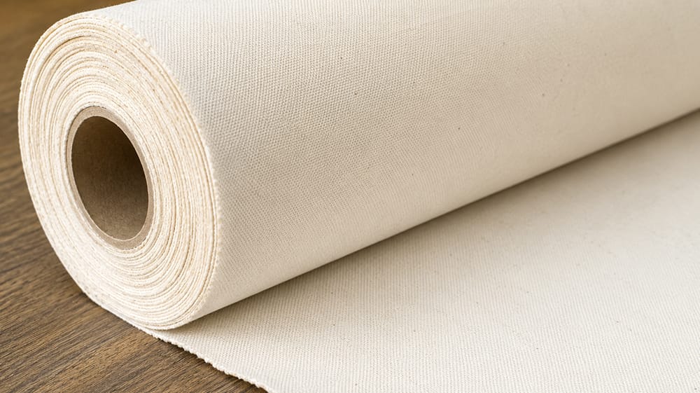 Roll of natural polycotton canvas material showing woven texture used for quality canvas art