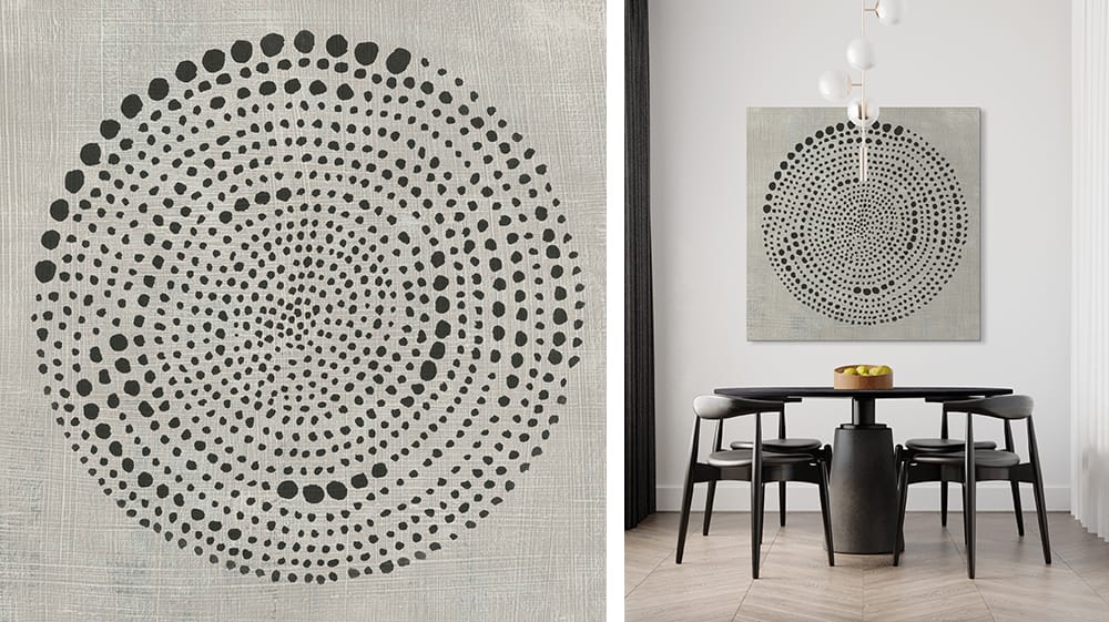 Neutral geometric canvas wall art above modern dining table, showing how minimalist abstract prints create structure and visual interest without overwhelming a space