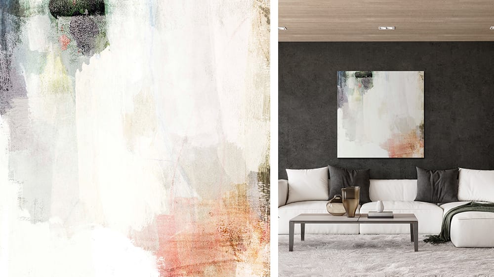 Minimal abstract canvas art with soft neutral tones in contemporary living room, illustrating how subtle artwork enhances minimalist interior design