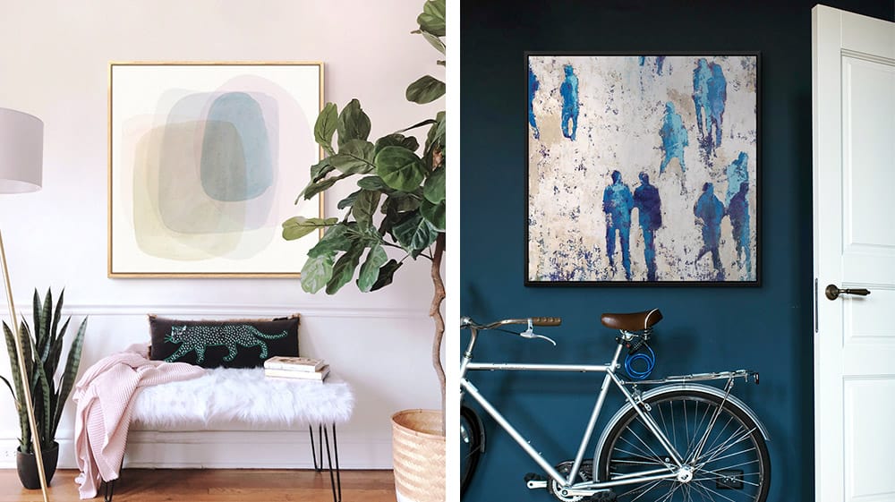 Two rooms side-by-side: a muted pastel abstract canvas print in minimalist corner and Blue abstract figure canvas wall art in modern minimalist office space