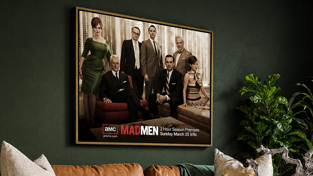 Large framed Mad Men television series poster in sophisticated living room, highlighting TV-inspired wall art for fans of iconic shows and character-driven storytelling