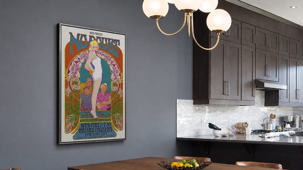 Framed No Doubt concert poster displayed in modern dining space, showcasing music-inspired wall art that celebrates favorite artists and live music culture