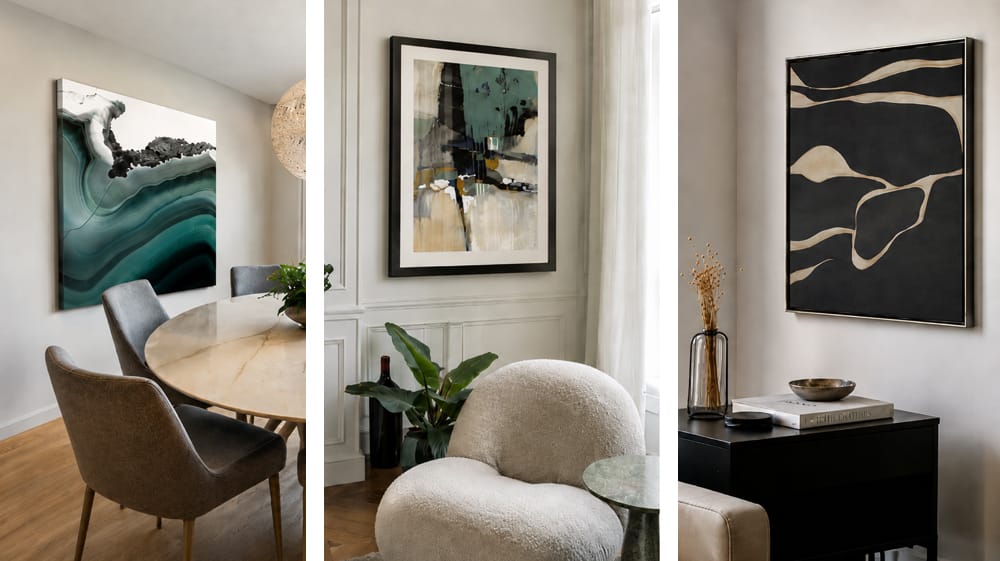 Three modern interior spaces with abstract wall art showing different placement ideas for dining areas, sitting rooms and accent walls