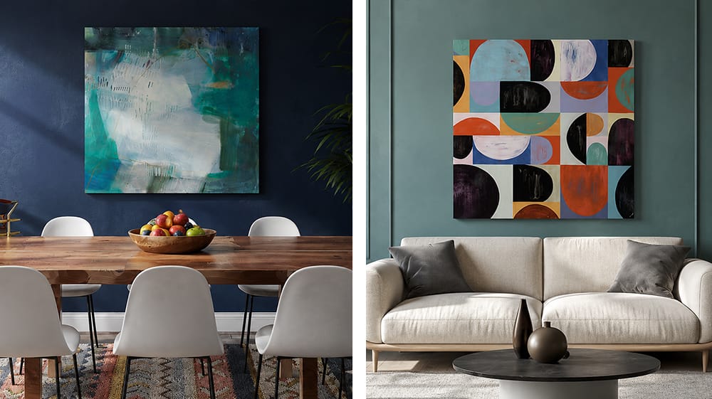 Two modern rooms with abstract wall art showing how color and scale can create a focal point in dining and living spaces