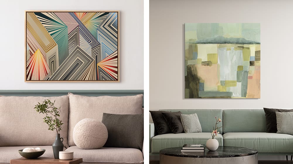 Two abstract artworks show contrasting styles: one with sharp geometric lines and structured movement, and one with soft blocks of muted color in a relaxed living space.