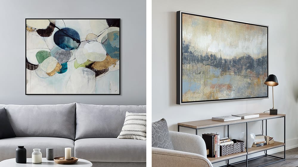 Two fluid abstract artworks use layered washes, soft edges, and atmospheric color to bring a calming mood to modern interiors.