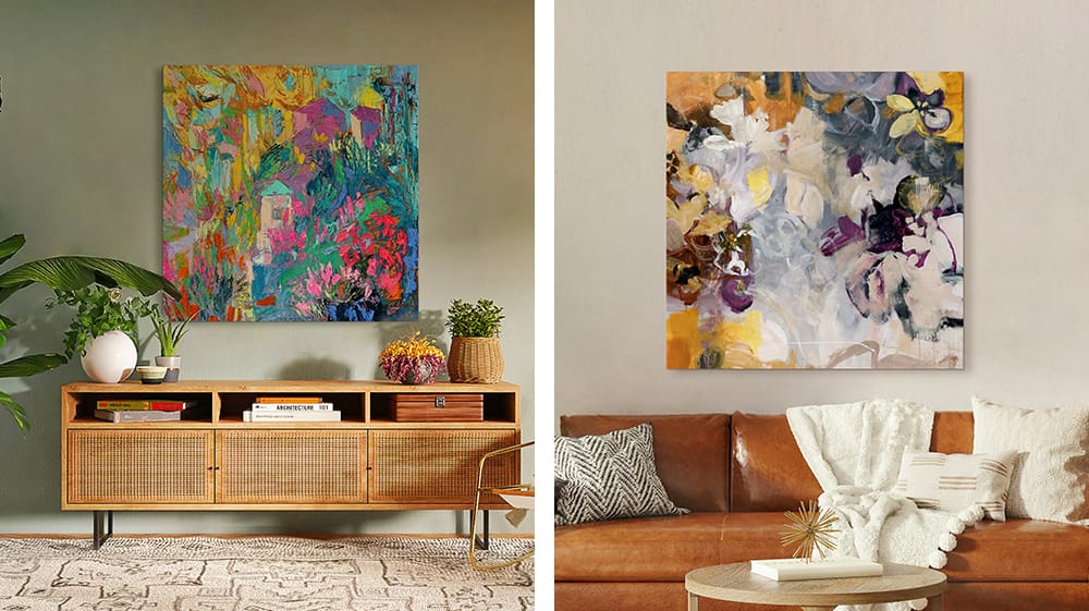 Two expressive abstract artworks use bold color, loose brushwork, and energetic movement to add personality and emotion to living spaces.
