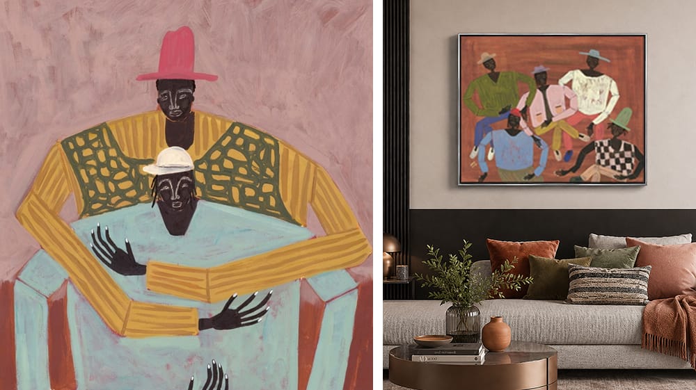 Split image showing a figurative Studio IMO painting next to a styled living room featuring a framed art print above a sofa.