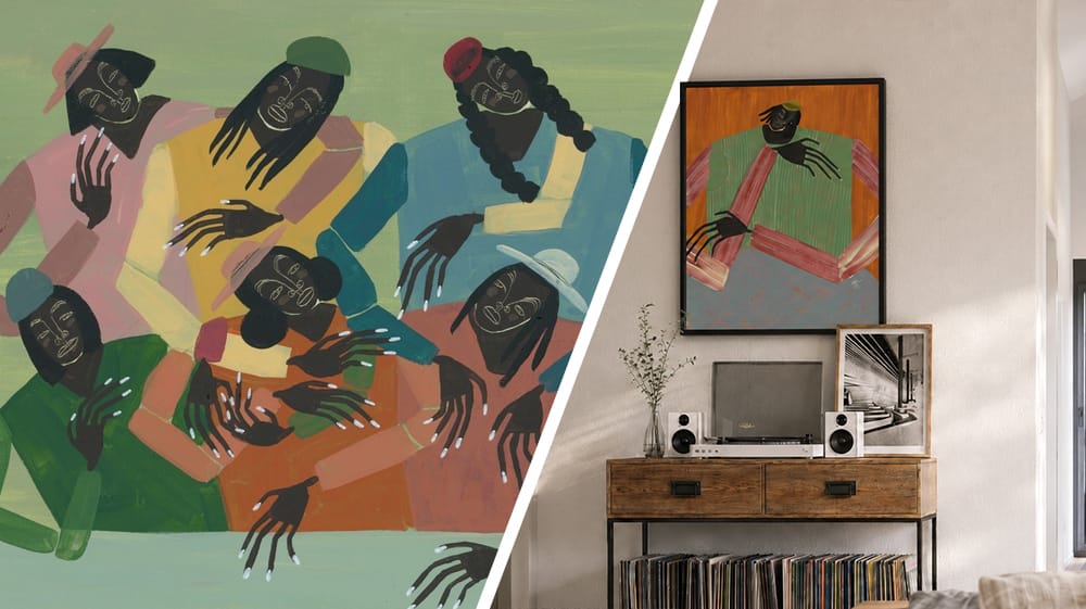 Studio IMO wall art styled above a record console, paired with a close-up of a colorful figurative painting.