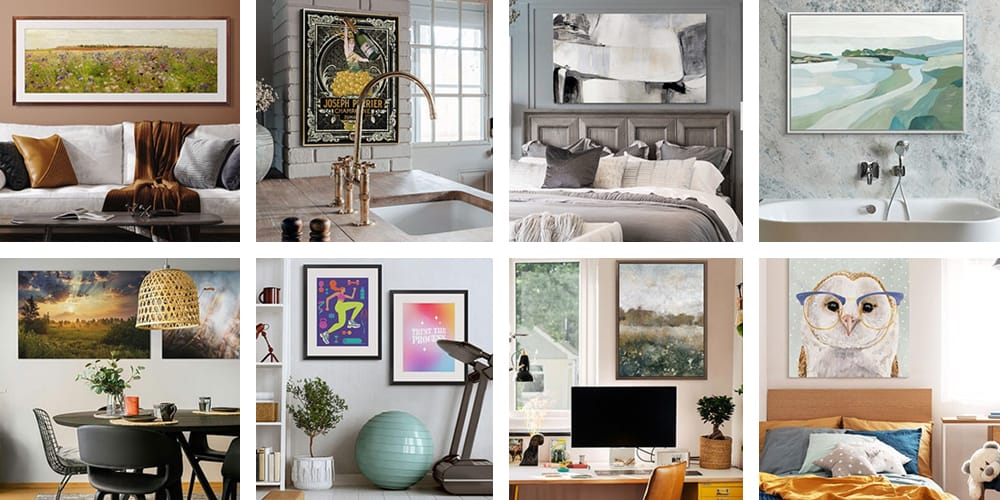 Different home interiors featuring wall art selected for living rooms, kitchens, bedrooms, bathrooms and home offices through curated browsing categories.