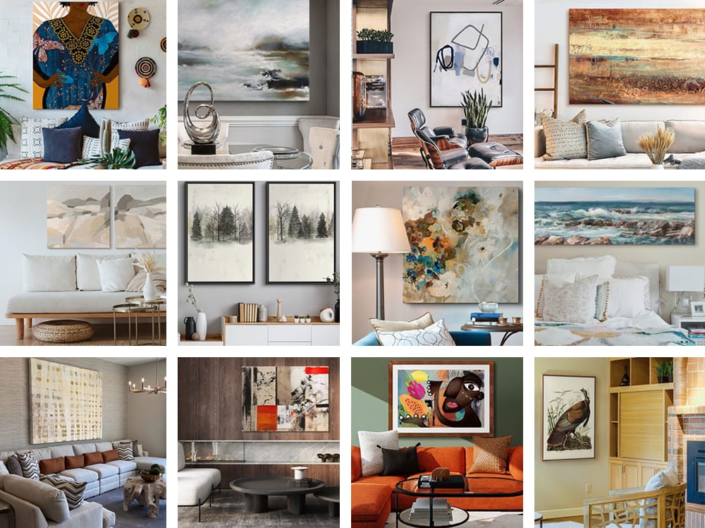 Different interior spaces featuring wall art selected for a variety of decorating styles and curated design collections.