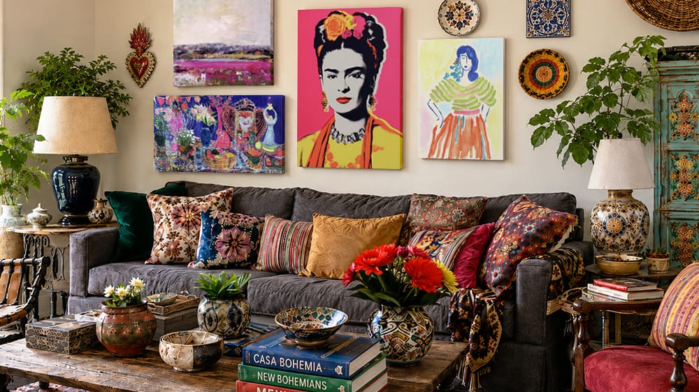 Eclectic global maximalist living room mixing colorful wall art, patterned pillows, ceramics, plants and globally influenced decorative details.