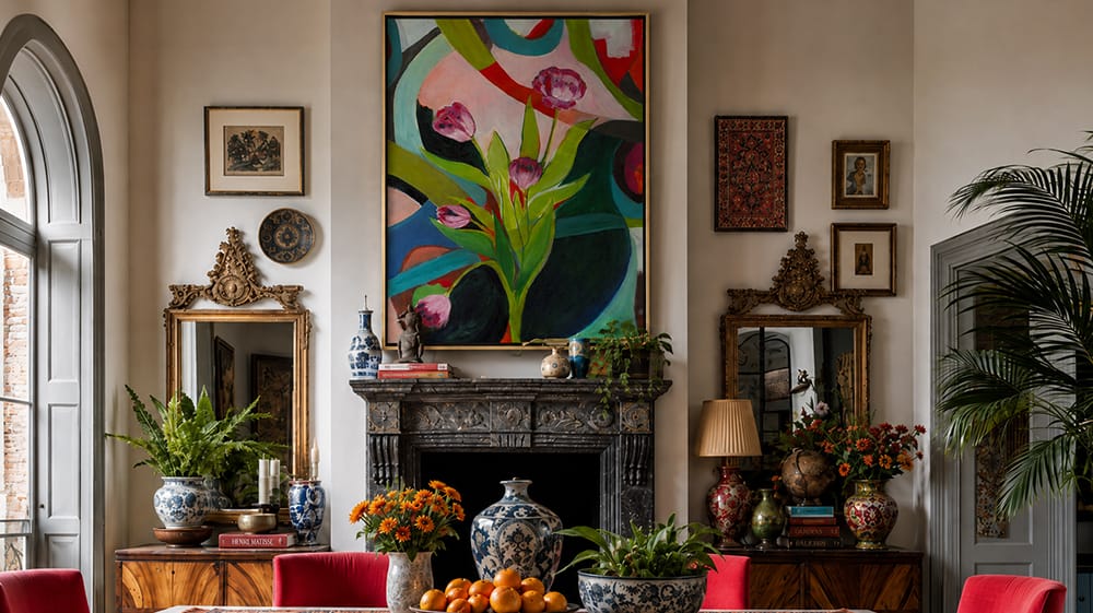 Refined global maximalist interior using a large statement artwork, traditional furnishings, ceramics and smaller collected pieces for contrast and scale.