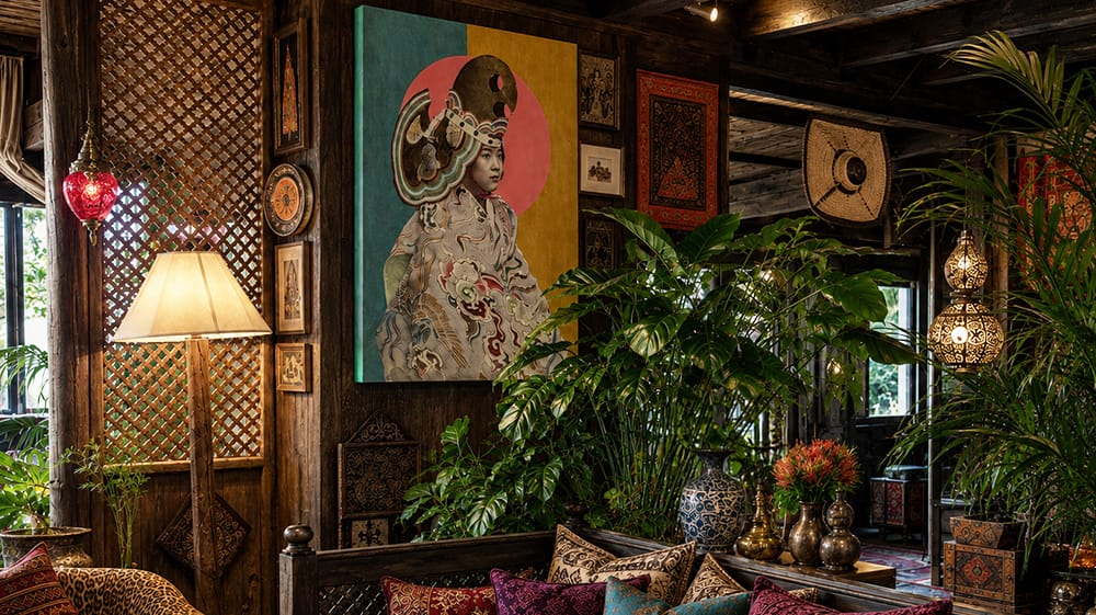 Dark, richly layered global maximalist interior with carved wood details, abundant greenery, decorative objects and statement wall art.