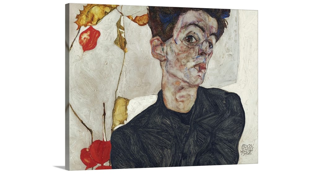 Expressionist self-portrait shows a closely cropped male figure in a dark jacket beside red and yellow lantern plant leaves.