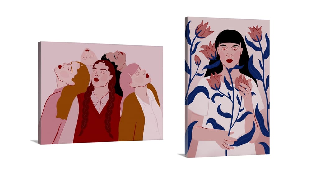 Two stylized figurative canvas prints use simplified shapes, soft pinks, deep reds and blue botanical forms to depict women.