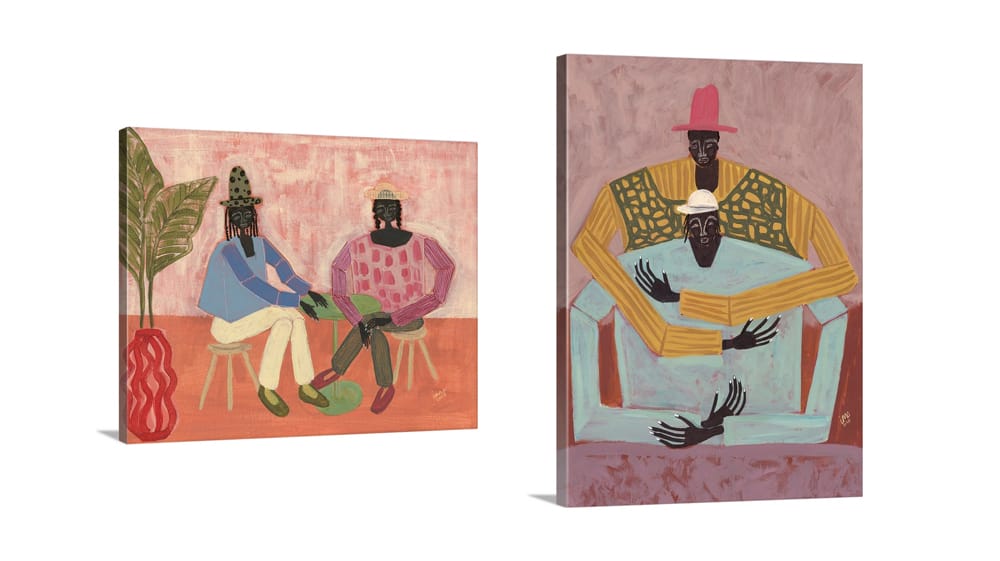 Two colorful figurative canvas prints show seated Black figures together, including a pair in conversation and an exaggerated embrace.